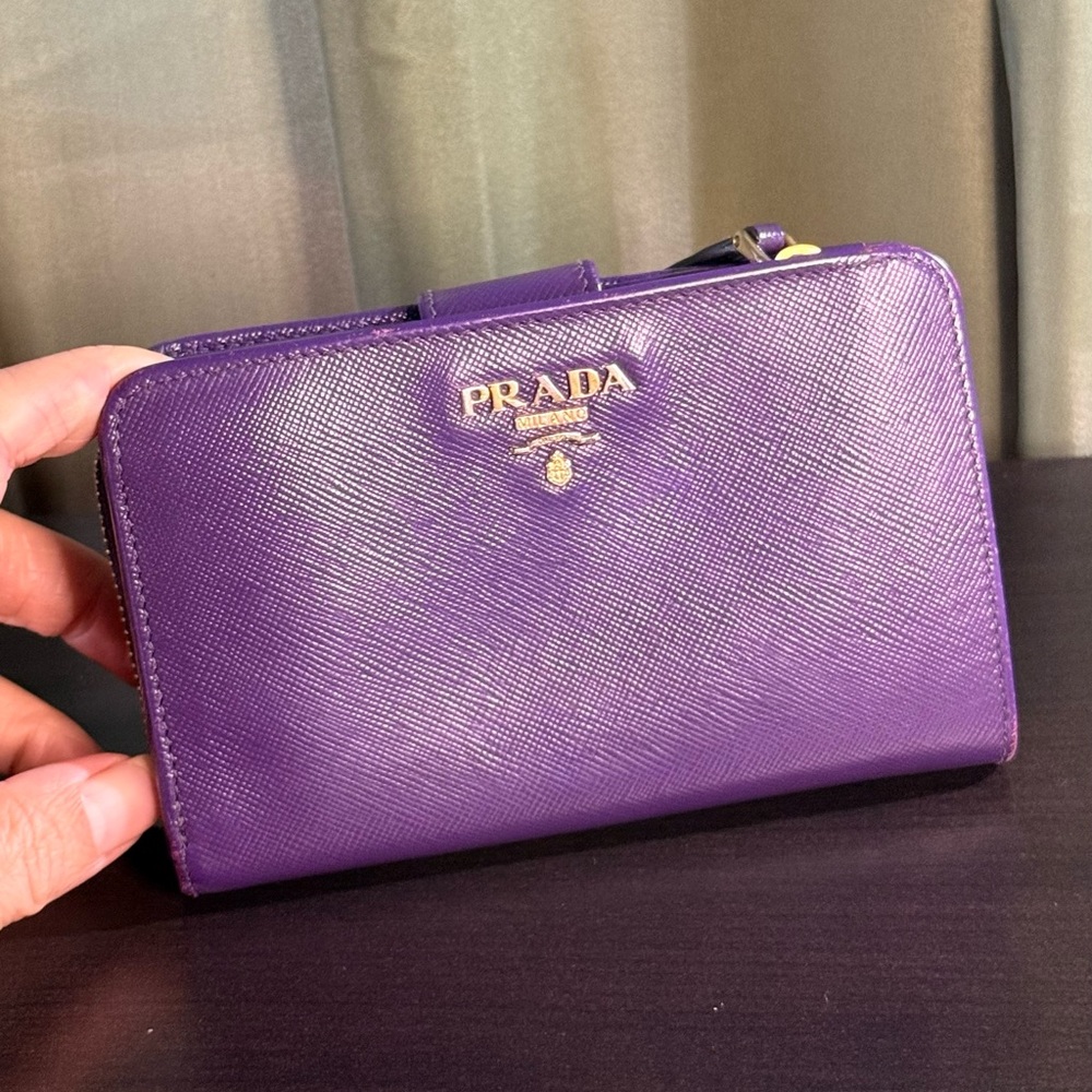Prada Purple Saffiano Zip Wallet with Gold Logo